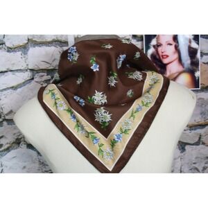 Brown Edelweiss Flower Silk Scarf Made in Italy Square Accent Neck Accessory
